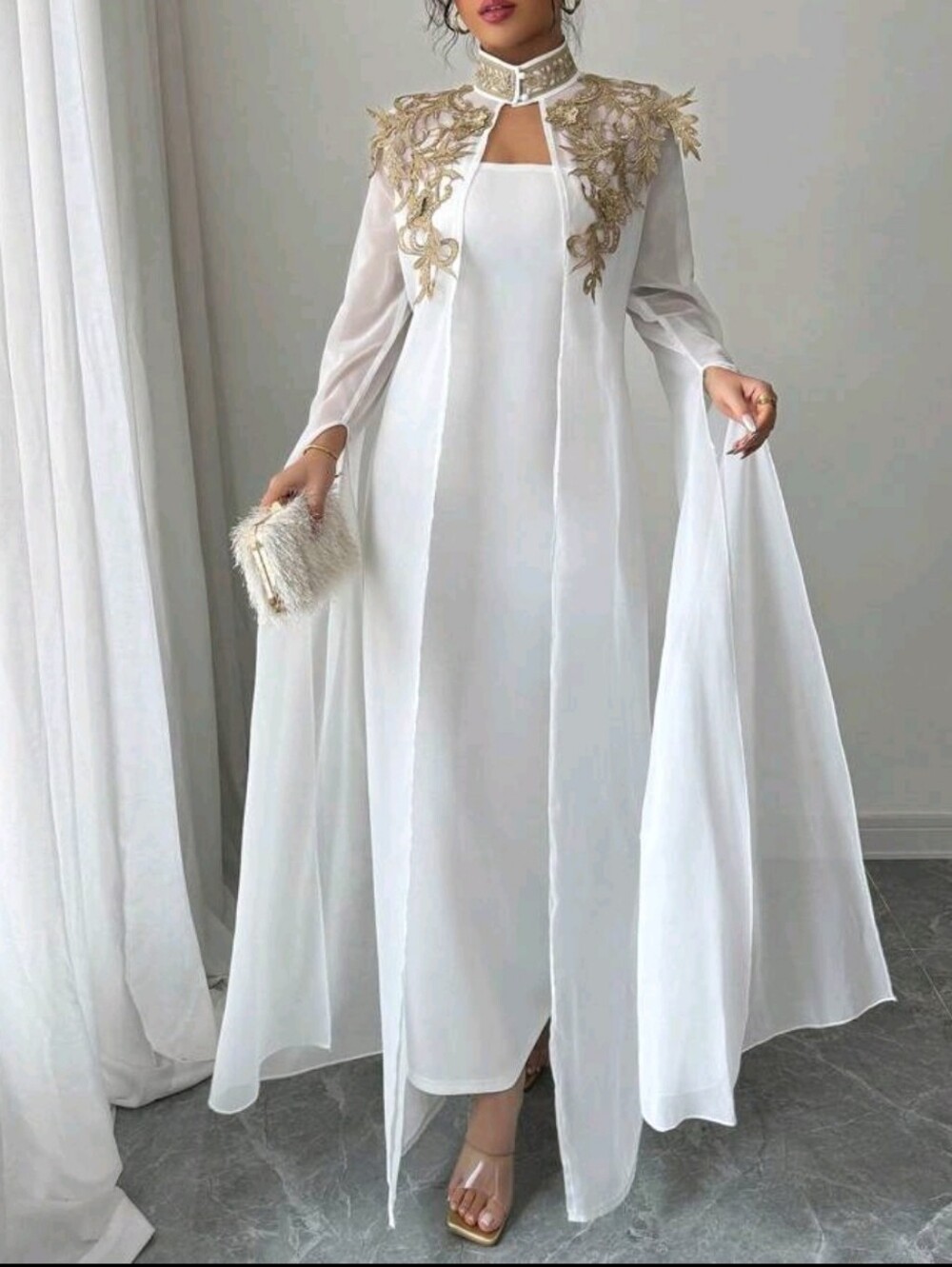 Embroidered White Cape Dress with Gold Appliqué